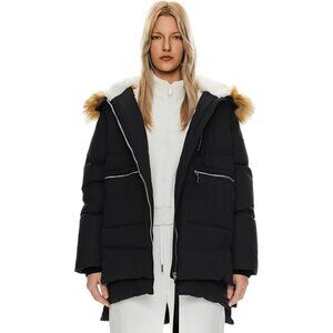 Women's Black Faux Fur Trim Clothing Down Vest Jacket Warm Fleece Lined Hood